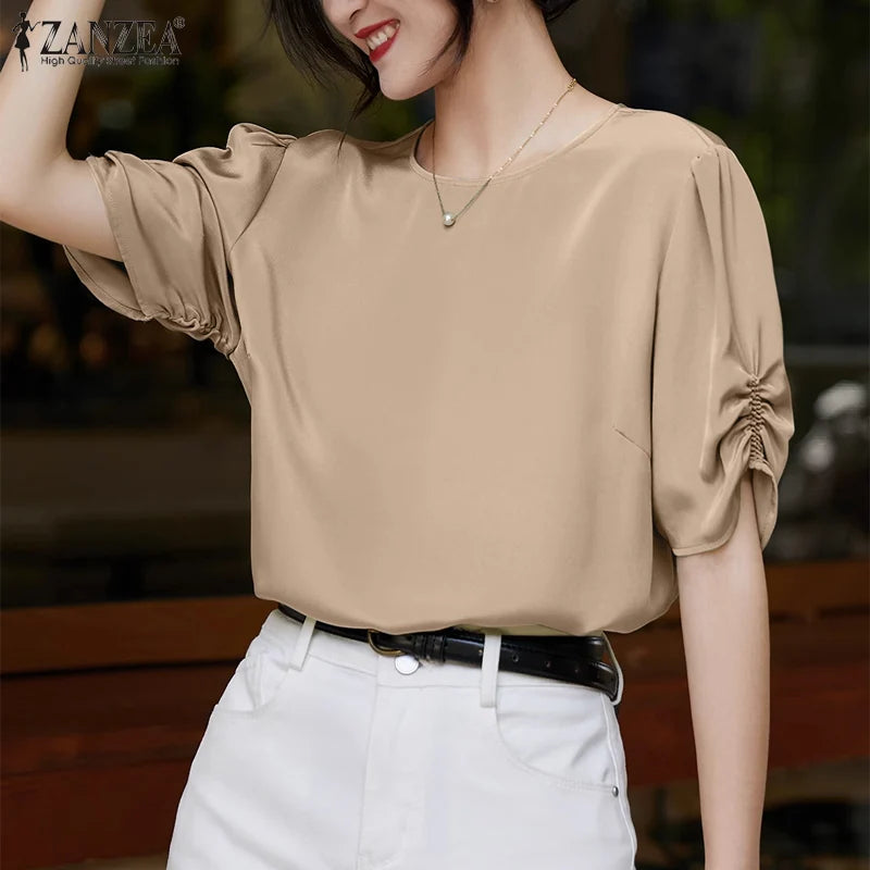 Solid Casual Office Work Tops Fashion Summer Short Sleeve Elegant Loose Blouse