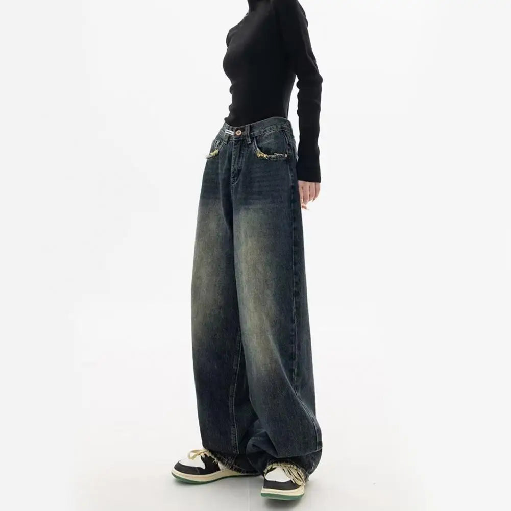 Wide Leg, Floor Length Loose Denim High Waist Vintage Hip Hop Streetwear Women Jeans