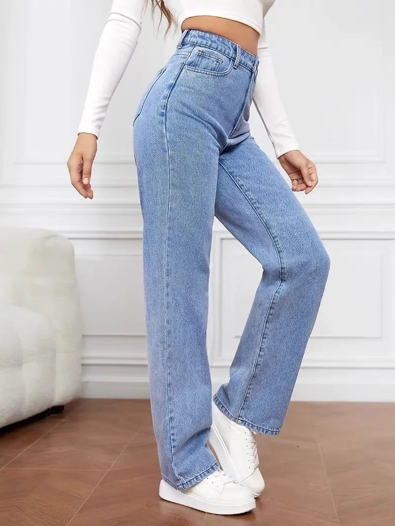 Women's High Waist Stretch Washed Denim Straight Jeans