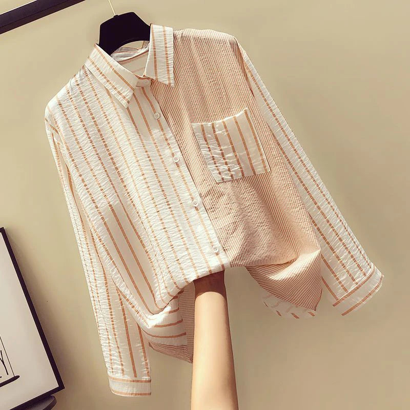 Korean Summer Trendy Women's Shirt Loose Casual Striped Patchwork Shirts Pocket Office Lady Sweet Women's Top
