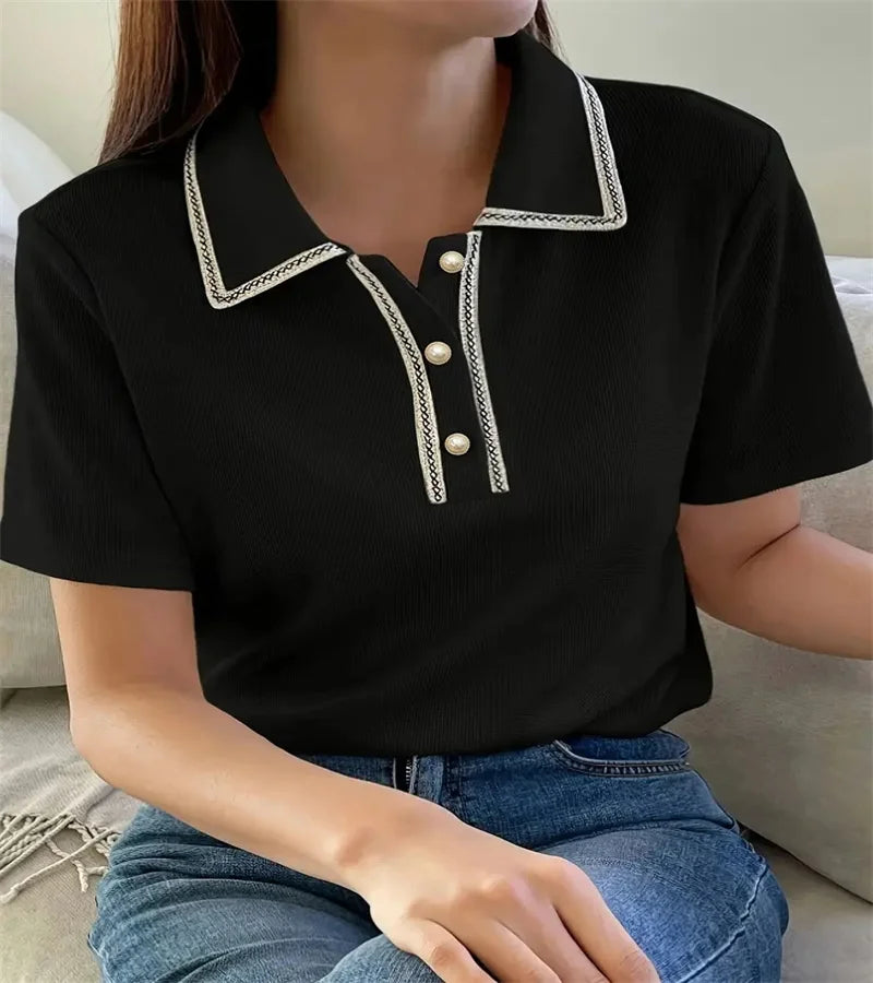 Women's pure color button-down T-shirt spring and summer casual office short-sleeved shirt