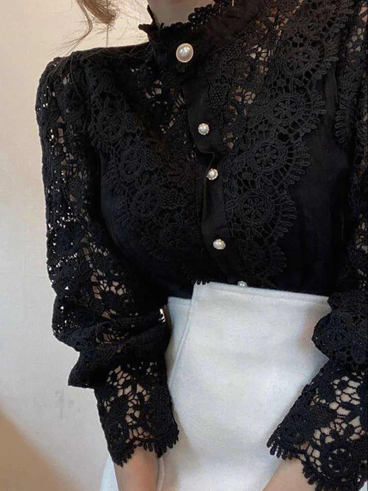 Women Chiffon Button Turtleneck Shirt Chic Elegant Floral Lace Fluffy Long Sleeve Top Fashion Hollow Oversize Blouse