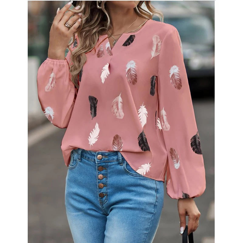 Fashion Woman long Sleeve Feather Pattern, Ladies Elegant Chiffon Tops