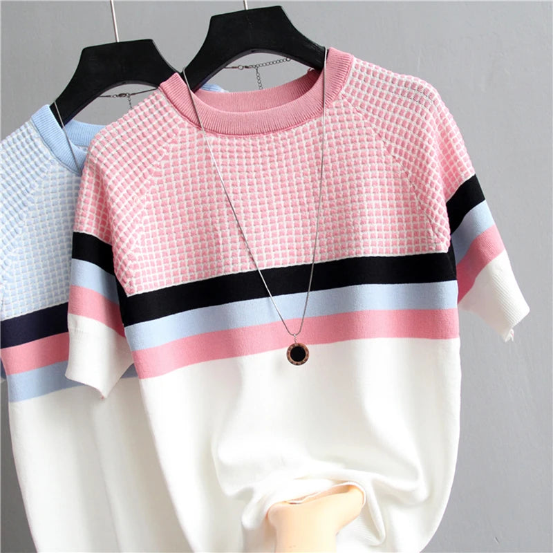 Vintage Ladies Tops Striped Summer Blouse Pink Elasticity Short Sleeve Blue Women Blouse