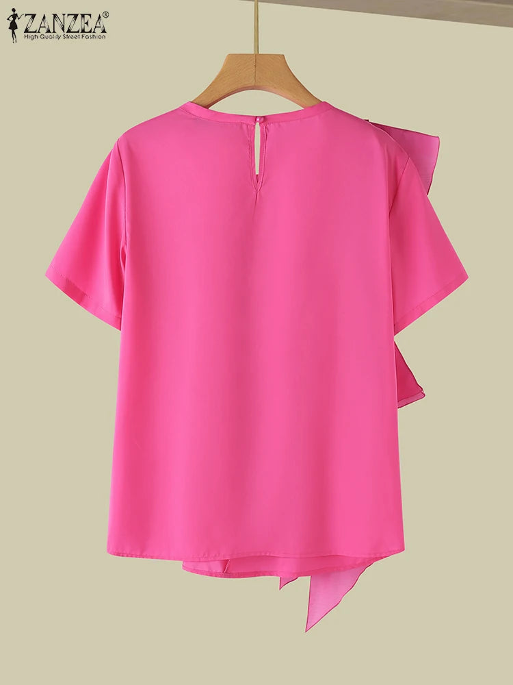 Women Ruffled Stitching Blouse Fashion Holiday O-neck Tops Summer Short Sleeve