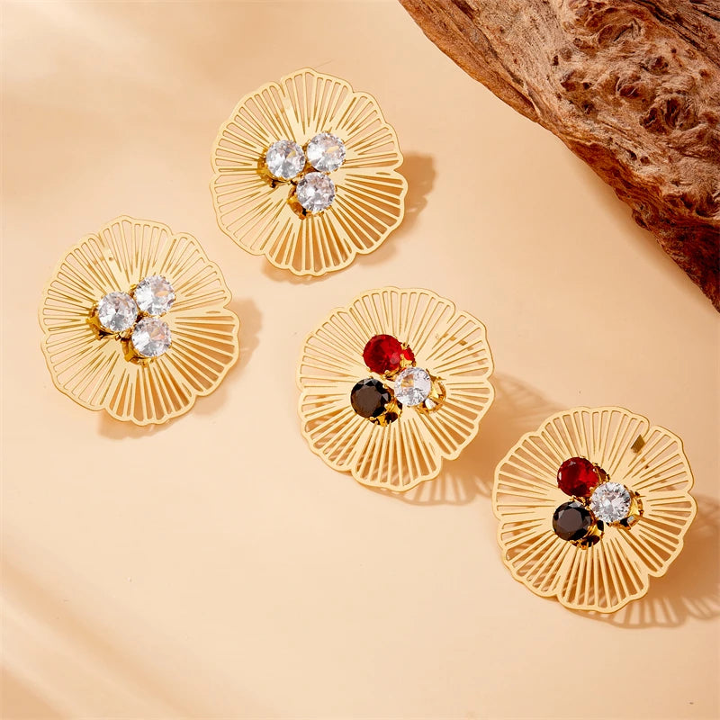 Stainless Steel Hollow Flower Inlaid With Zircon Necklace Earrings Ring For Women New Trend Non-fading Jewelry Set