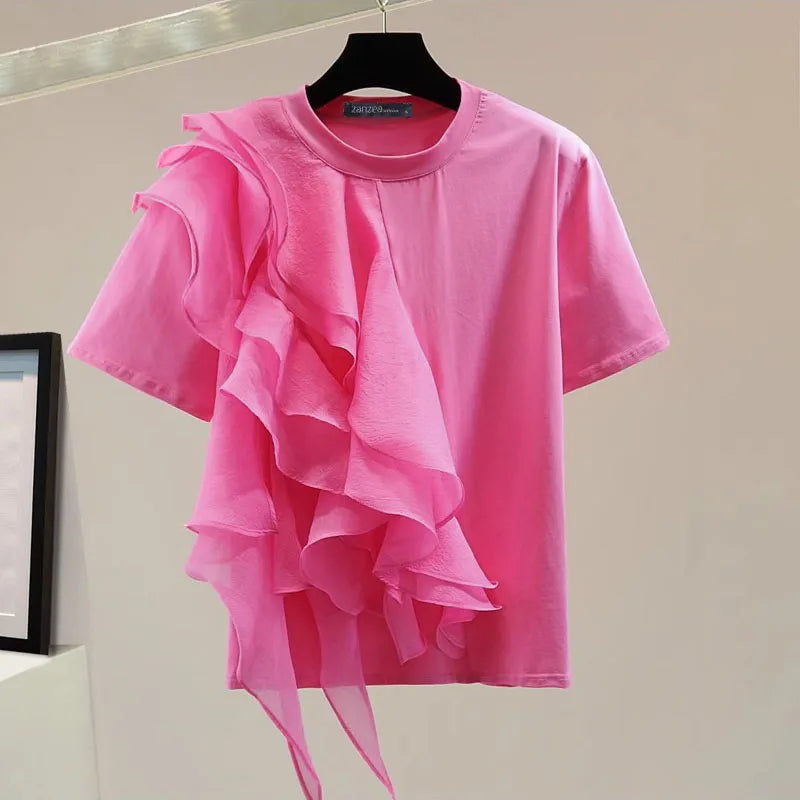 Women Ruffled Stitching Blouse Fashion Holiday O-neck Tops Summer Short Sleeve