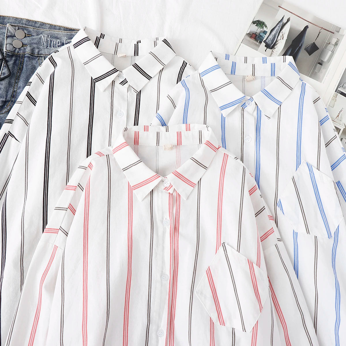 Loose Casual Striped Shirts New Ladies Sweet Simple Style Long Sleeve Print Female Blouse