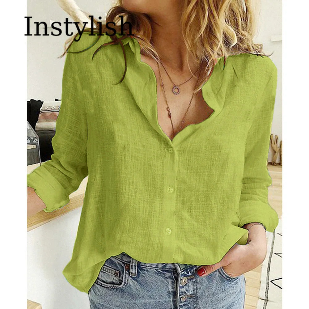 Elegant Cotton Linen Shirts Women Casual Solid Button Lapel Blouses Shirts Autumn Winter Long Sleeve Loose Tops