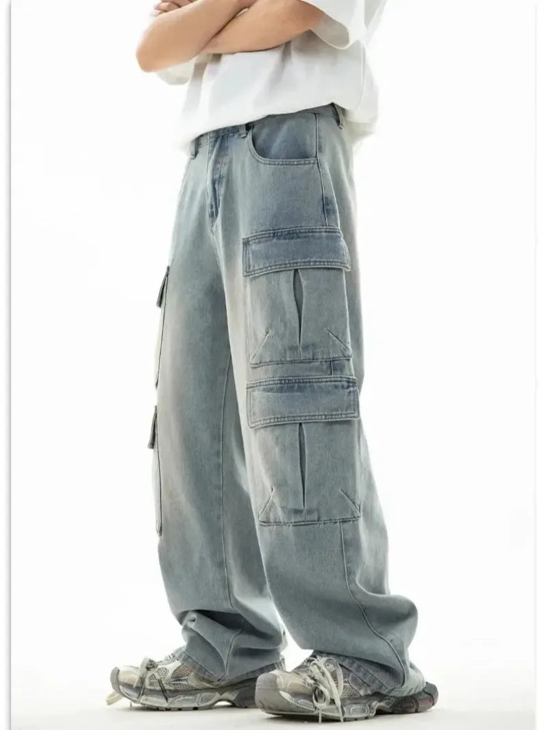 Multi-pocket Workwear Design Jeans Men's Old Washed Retro Japanese Korean Casual Pants