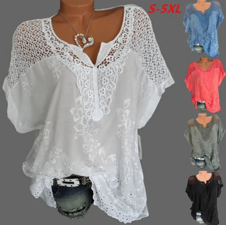 Loose Short-Sleeved Lace Women Blouses Cotton Blouses Summer V-neck White Shirt
