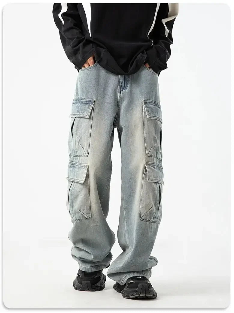 Multi-pocket Workwear Design Jeans Men's Old Washed Retro Japanese Korean Casual Pants