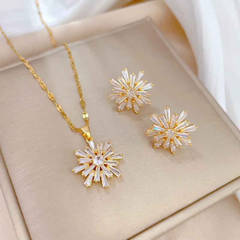 Stainless Steel Austrian Crystal Enamel Square Pendant Jewelry Sets Women