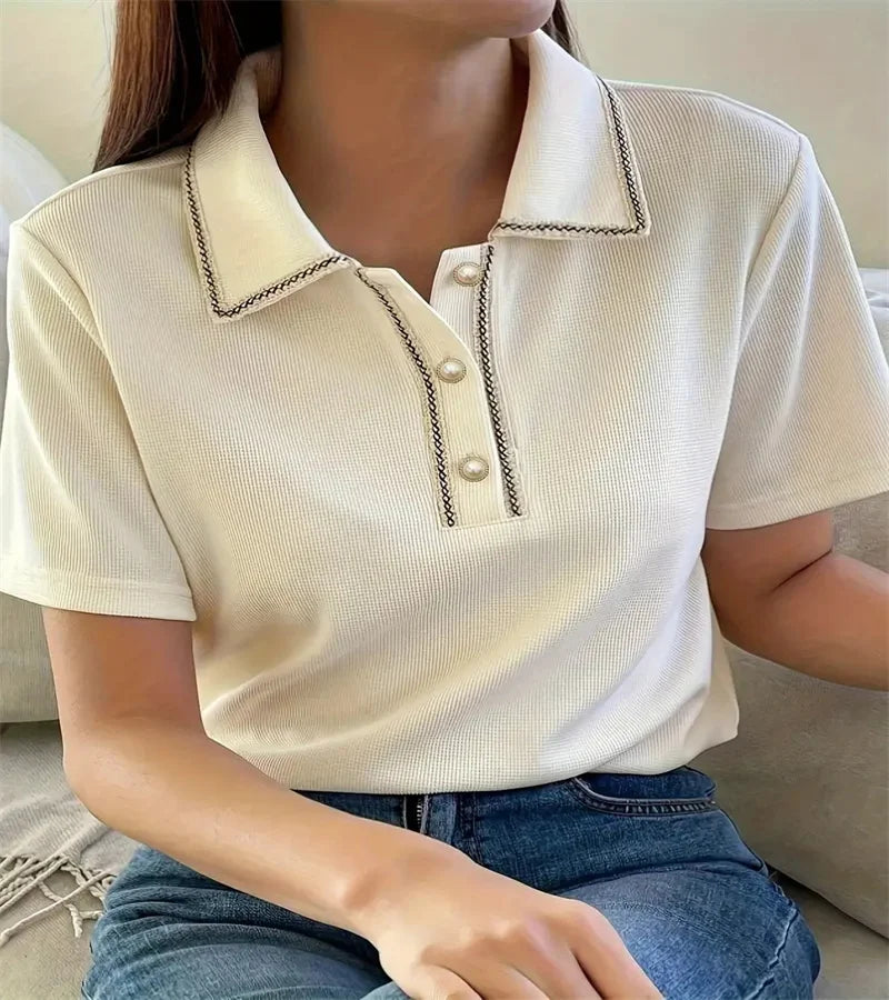 Women's pure color button-down T-shirt spring and summer casual office short-sleeved shirt