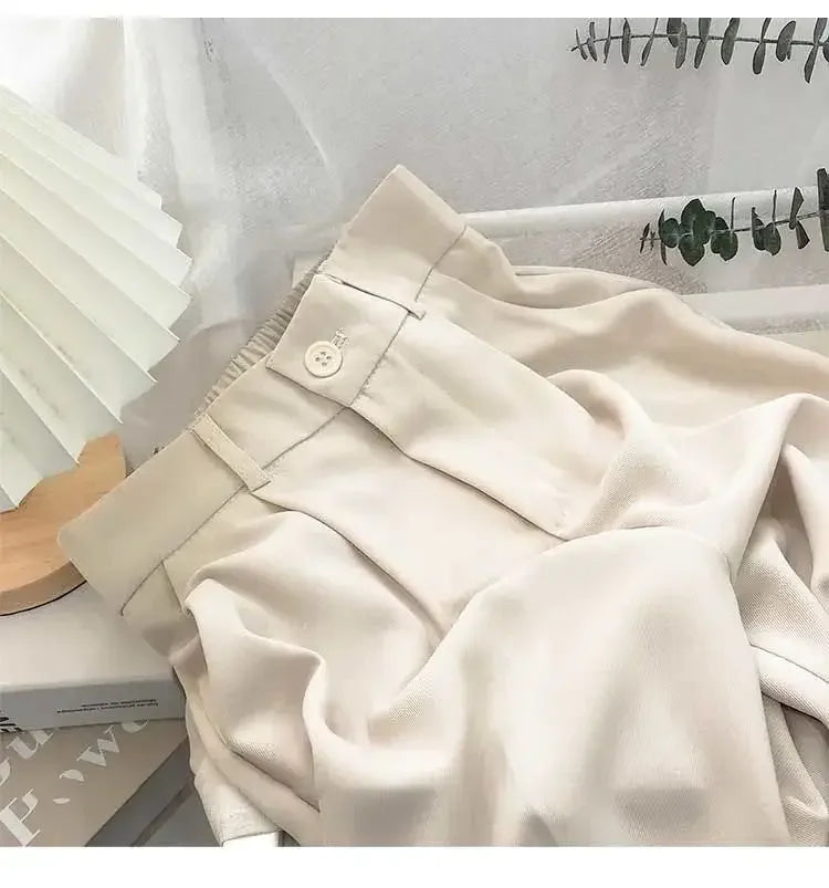 Elastic High Waist Suit Women Pants, Casual Loose Straight Black Office Ladies Trouser