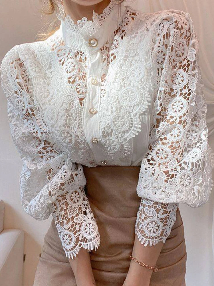 Women Chiffon Button Turtleneck Shirt Chic Elegant Floral Lace Fluffy Long Sleeve Top Fashion Hollow Oversize Blouse