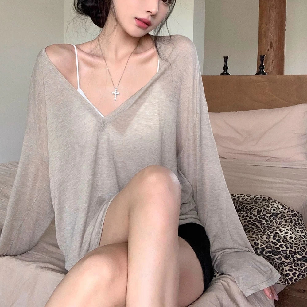 Women's V-Neck Long Sleeve T-Shirt Thin Perspective Summer Loose Fit Casual Top Korean Base Sun Protection Cover Up Top