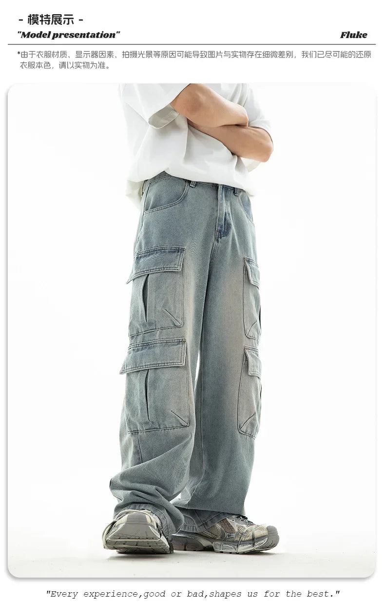 Multi-pocket Workwear Design Jeans Men's Old Washed Retro Japanese Korean Casual Pants