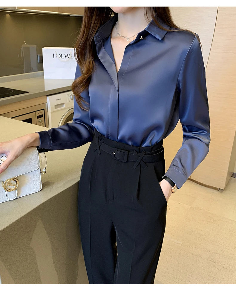 Satin Women Shirt Vintage Long Sleeve Blouse Women Silk Elegant Womens Tops