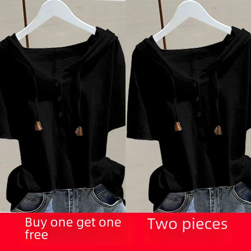 Loose T-shirt Women Spring Summer Wide Slim Versatile Belly Cover Headwear Cotton Korean Casual Style