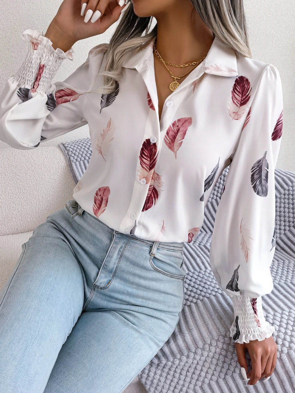 Women Casual Feather Print Collar Long Sleeve Shirt