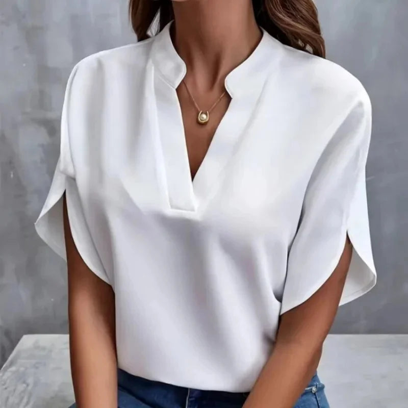 Women Casual Short Split Sleeve V-Neck Off Shoulder Solid Color Tops