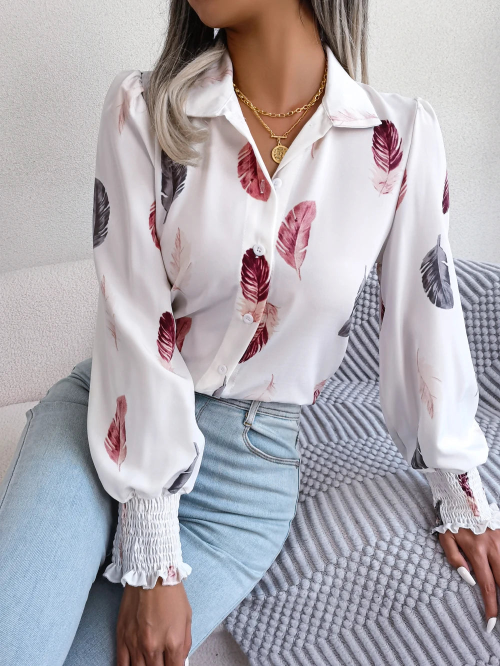 Women Casual Feather Print Collar Long Sleeve Shirt