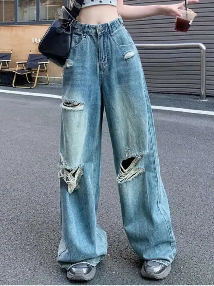 Vintage Pants, Jeans, Women's Torn Wide Leg Pants, Summer High Waist, Loose Fitting Long Pants, Women's Jeans