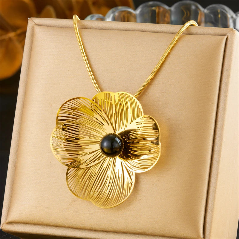 Stainless Gold plated 3D hollow camellia Pearl Necklace Bracelet Ring Suit Women Girl New Trend Non-fading jewelry Set