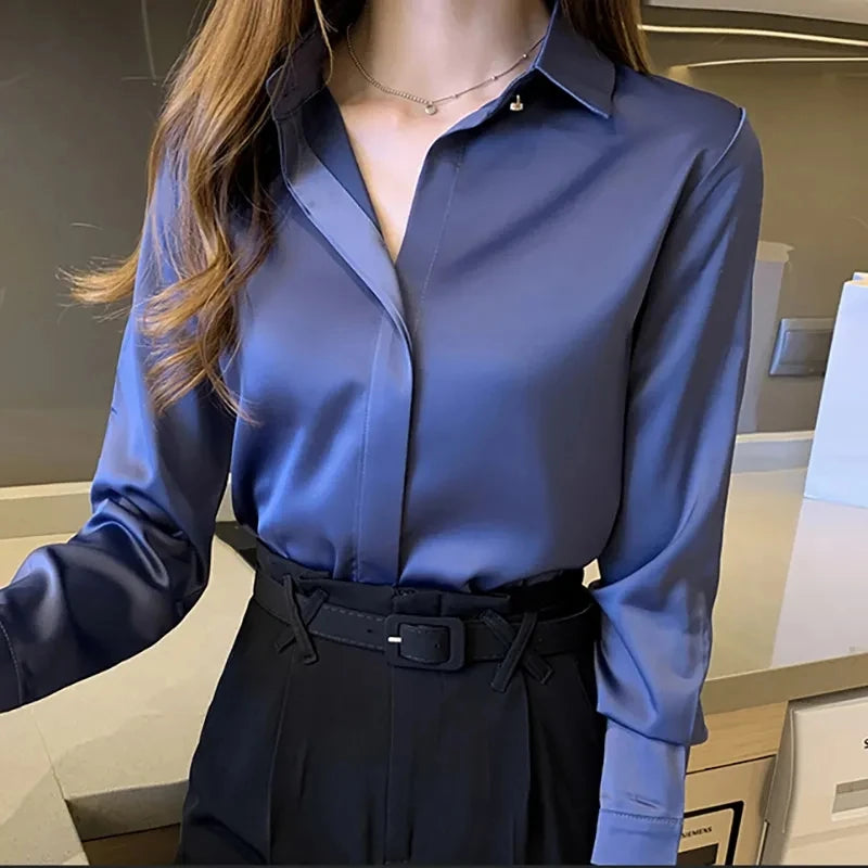 Satin Women Shirt Vintage Long Sleeve Blouse Women Silk Elegant Womens Tops