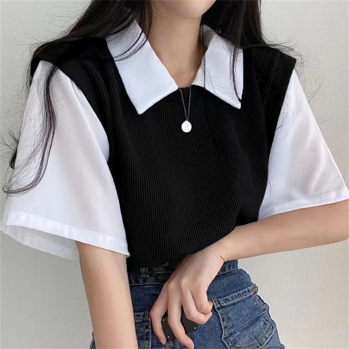 Summer Academy Style Color Blocking Polo Collar Top Short Sleeve T-shirt Women Lazy Loose Casual Versatile Blouse