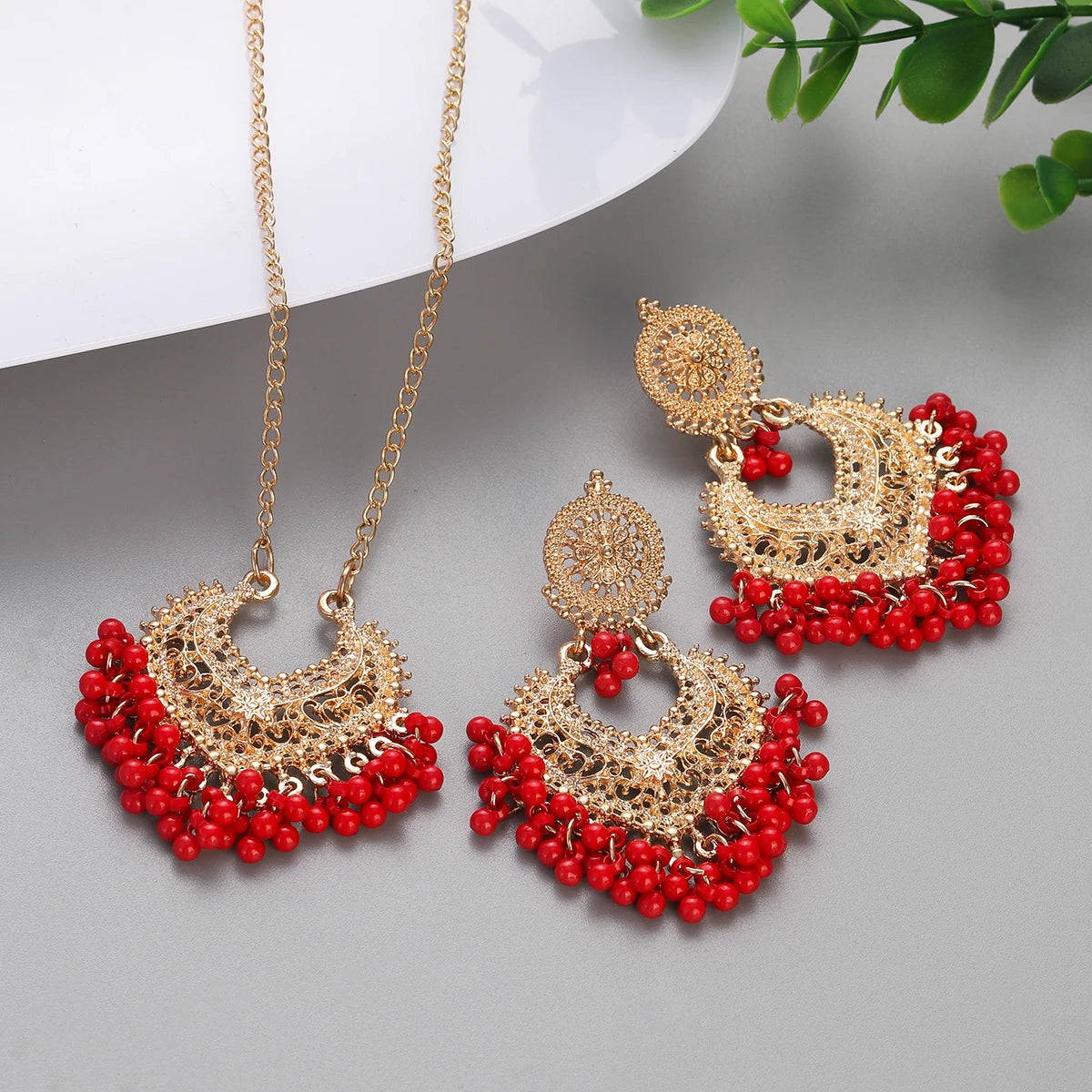 Bohemia Gold Color Peach Heart Pendant Earring Necklace Set for Women