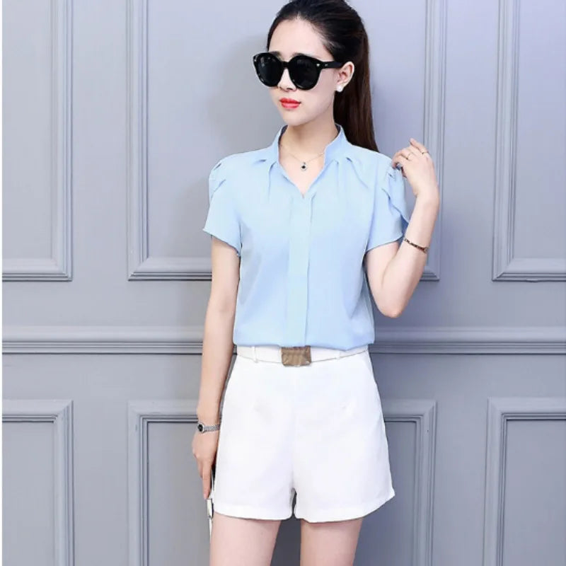 Women Office Ladies Chiffon White Shirt Short Sleeve elegant Tops Casual Clothing