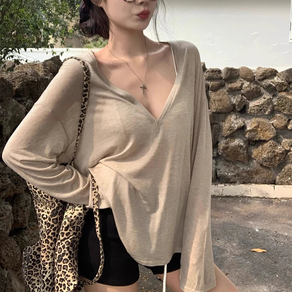 Women's V-Neck Long Sleeve T-Shirt Thin Perspective Summer Loose Fit Casual Top Korean Base Sun Protection Cover Up Top