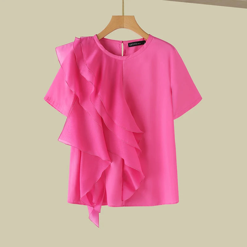 Women Ruffled Stitching Blouse Fashion Holiday O-neck Tops Summer Short Sleeve