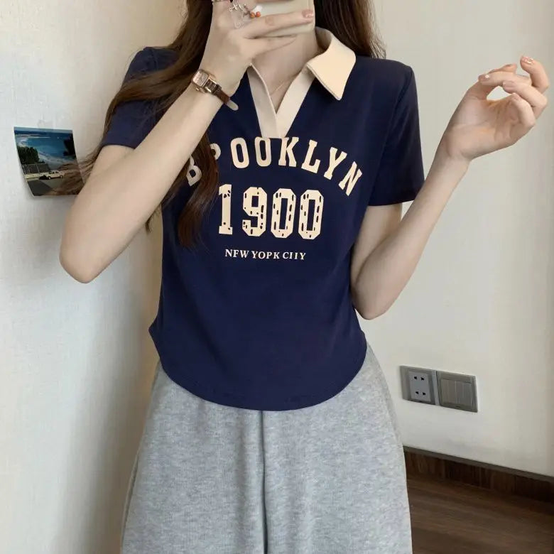 Women Summer Korean Fashion Letter Printing Slim Polo Collar Short Sleeve T-Shirt Simplicity Office Lady All-match Casual Tops