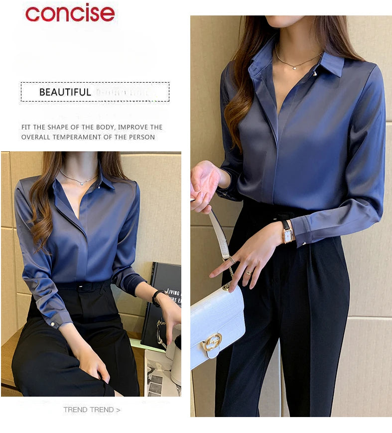 Satin Women Shirt Vintage Long Sleeve Blouse Women Silk Elegant Womens Tops
