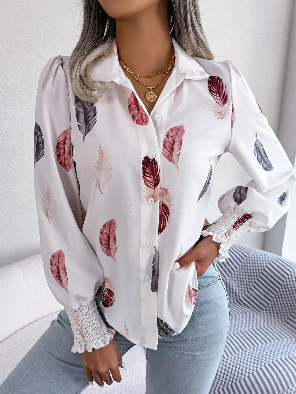 Women Casual Feather Print Collar Long Sleeve Shirt