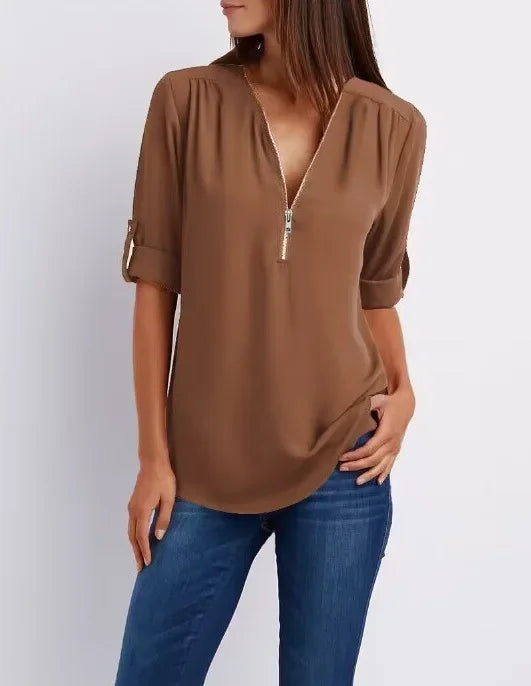 Women Cool Loose Shirt Deep V Neck Chiffon Fashion Zipper Pullover Blouse