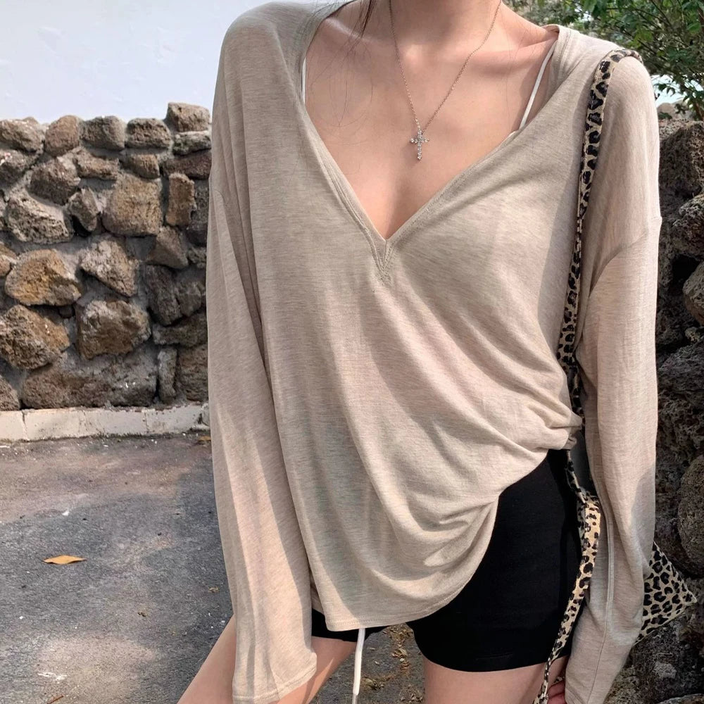 Women's V-Neck Long Sleeve T-Shirt Thin Perspective Summer Loose Fit Casual Top Korean Base Sun Protection Cover Up Top