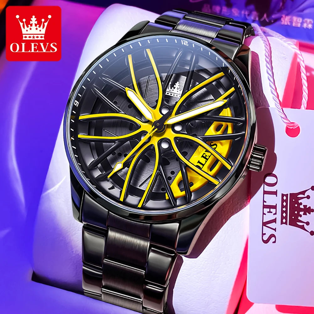 OLEVS Men Watches Waterproof Rotary Sport Car Rim Man Luxury Watch High Quality Fashion Stainless Steel Quartz
