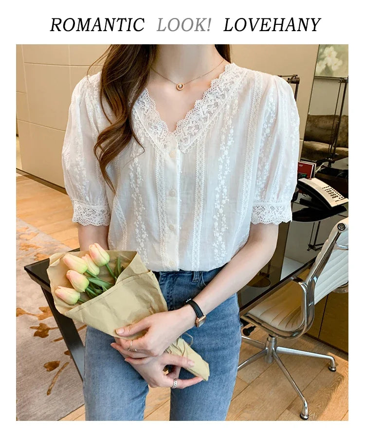 Summer Short Sleeve White Blouse Shirt Women Tops Blusas Verano Lace V-Neck Blouse Women Blouse