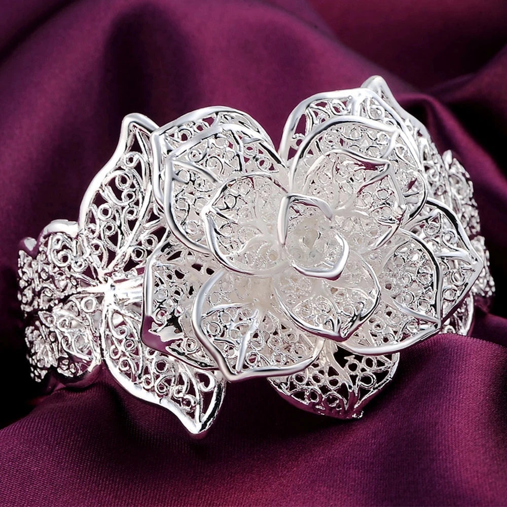 925 sterling Silver Jewelry set for women flower Pendant bangle earrings rings bracelet necklaces