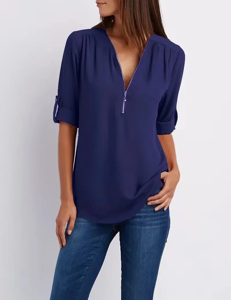 Women Cool Loose Shirt Deep V Neck Chiffon Fashion Zipper Pullover Blouse