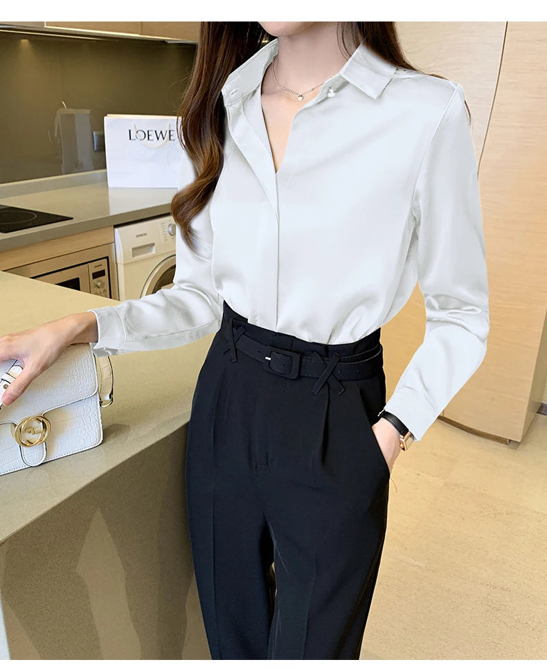 Satin Women Shirt Vintage Long Sleeve Blouse Women Silk Elegant Womens Tops