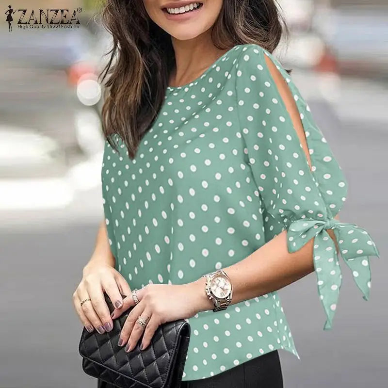 Woman Casual Polka Dots Printed Blouse Fashion Holiday Shirt Half Sleeve O-Neck Tunic Tops