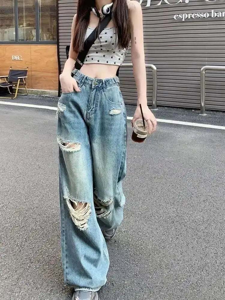 Vintage Pants, Jeans, Women's Torn Wide Leg Pants, Summer High Waist, Loose Fitting Long Pants, Women's Jeans