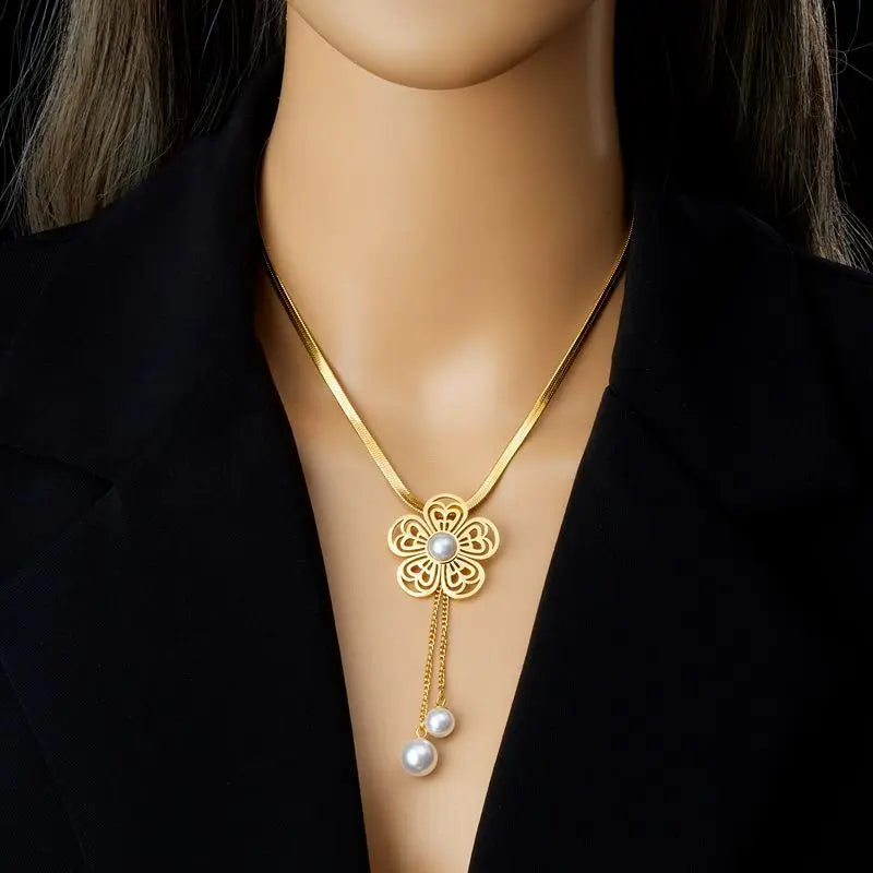 Stainless Steel White Rhinestone Flower Pendant Necklace Earrings For Women Girl Light Luxury Jewelry Set Gifts