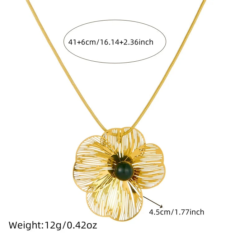 Stainless Gold plated 3D hollow camellia Pearl Necklace Bracelet Ring Suit Women Girl New Trend Non-fading jewelry Set