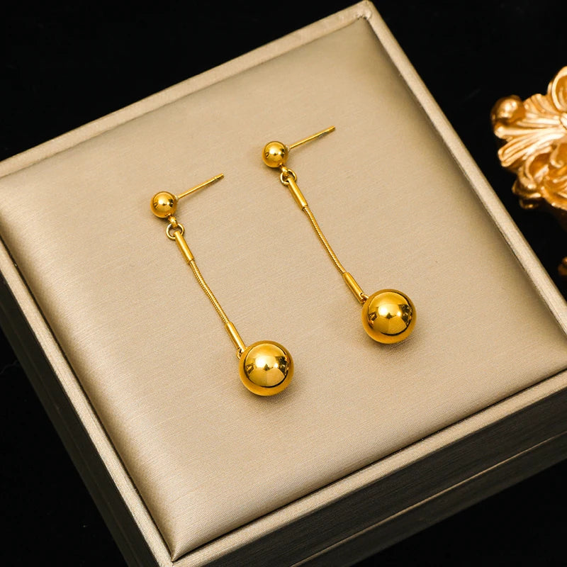 Stainless Steel 18K Gold Plated Bead Pendant Necklace Earrings Jewelry Set For Women